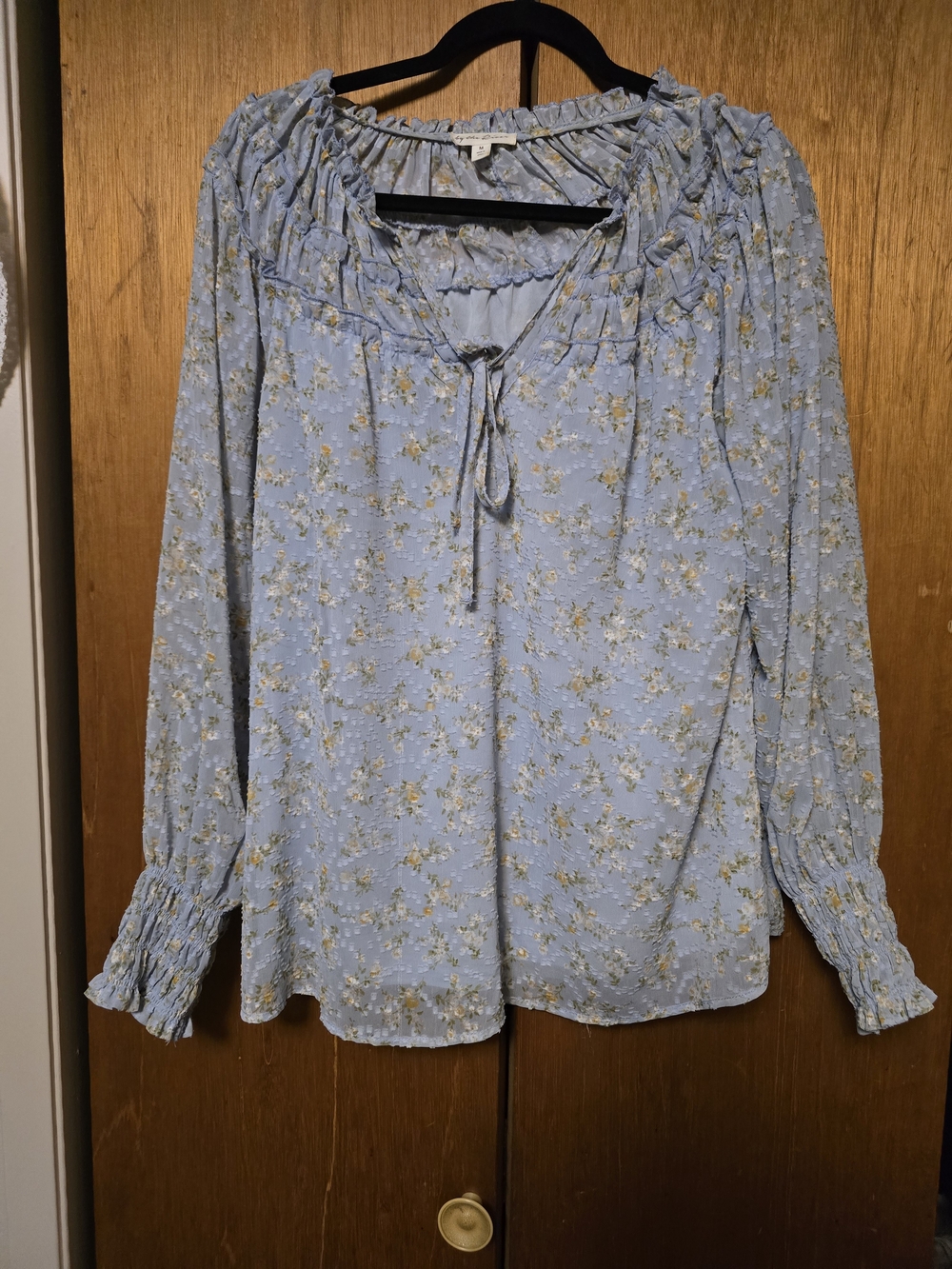 Women's Light Blue Floral Tie-Neck Blouse
